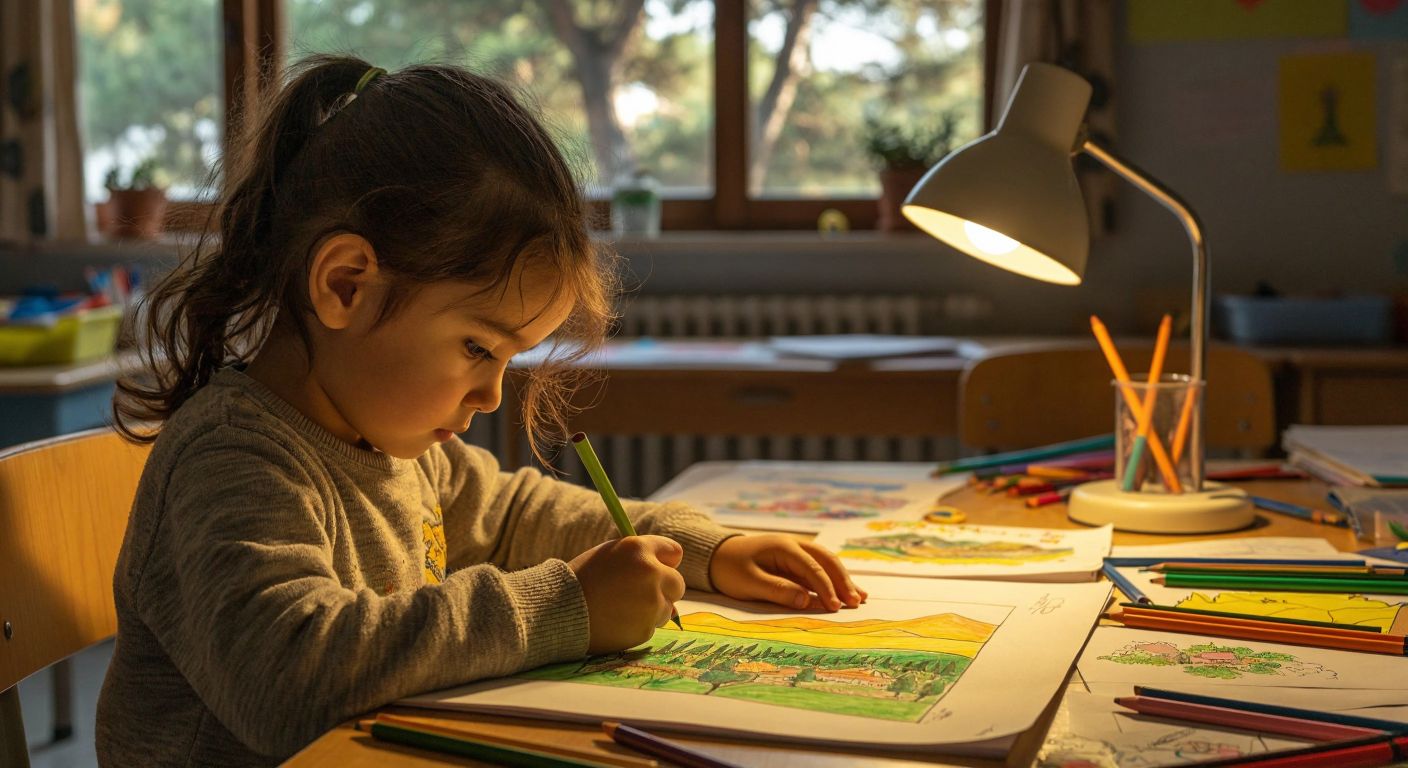 A child in a Turkish classroom carefully colors a worksheet with green valleys, yellow hills, and brown mountains, using crayons under the warm glow of a desk lamp.
