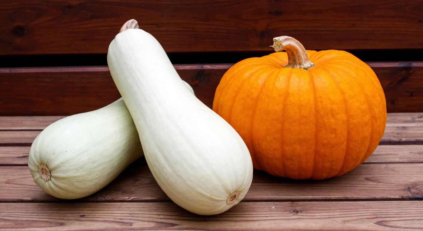 A rustic wooden table displays two distinct pumpkins side by side—one long and slender (sakız kabağı) with pale green skin, and the other round and plump (bal kabağı) with deep orange hues, evoking the warmth of Turkish home cooking.