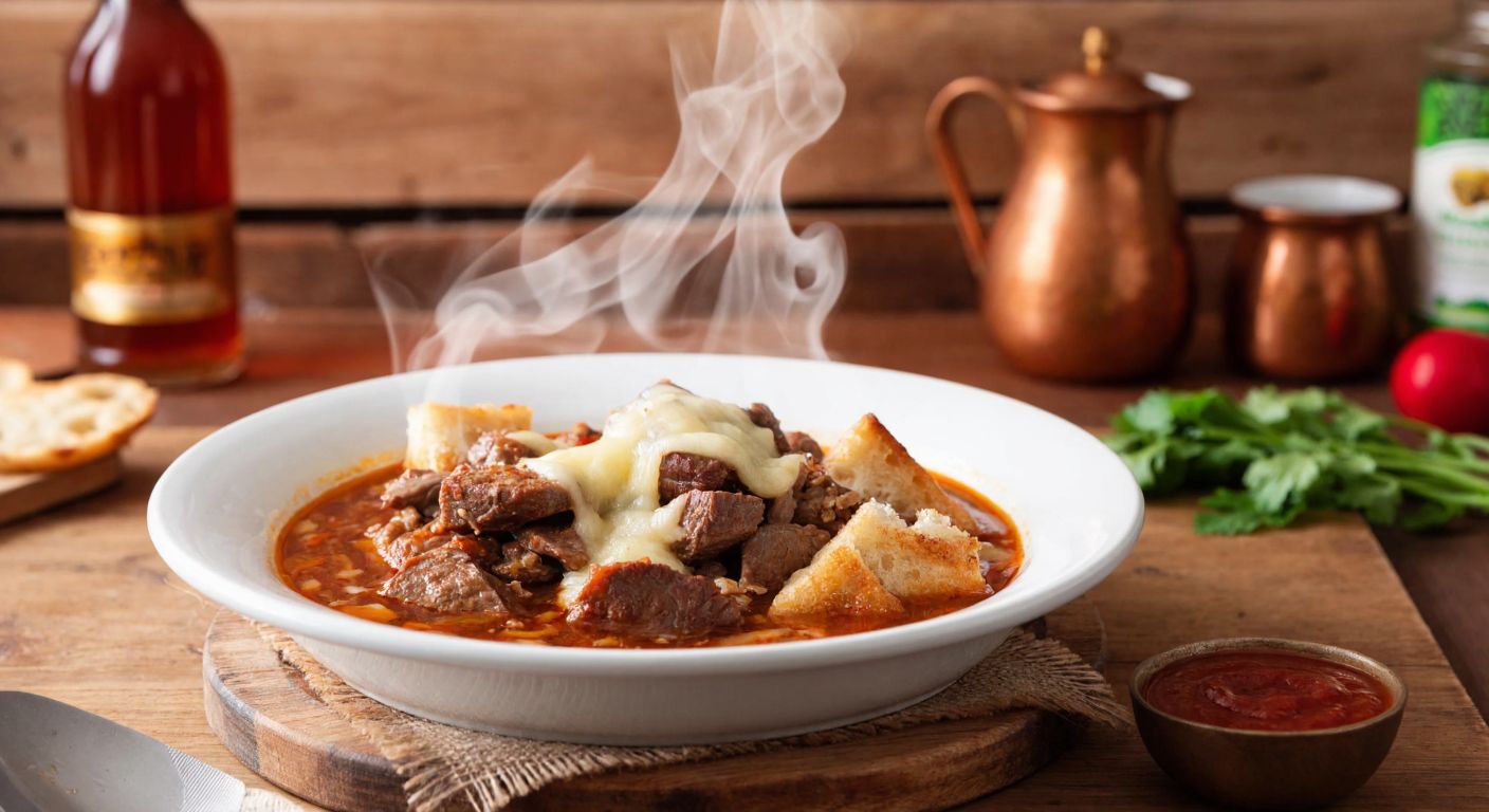A steaming plate of Kastamonu bandırması, a traditional Turkish dish with tender meat and bread, served on a rustic wooden table in a cozy Anatolian kitchen.