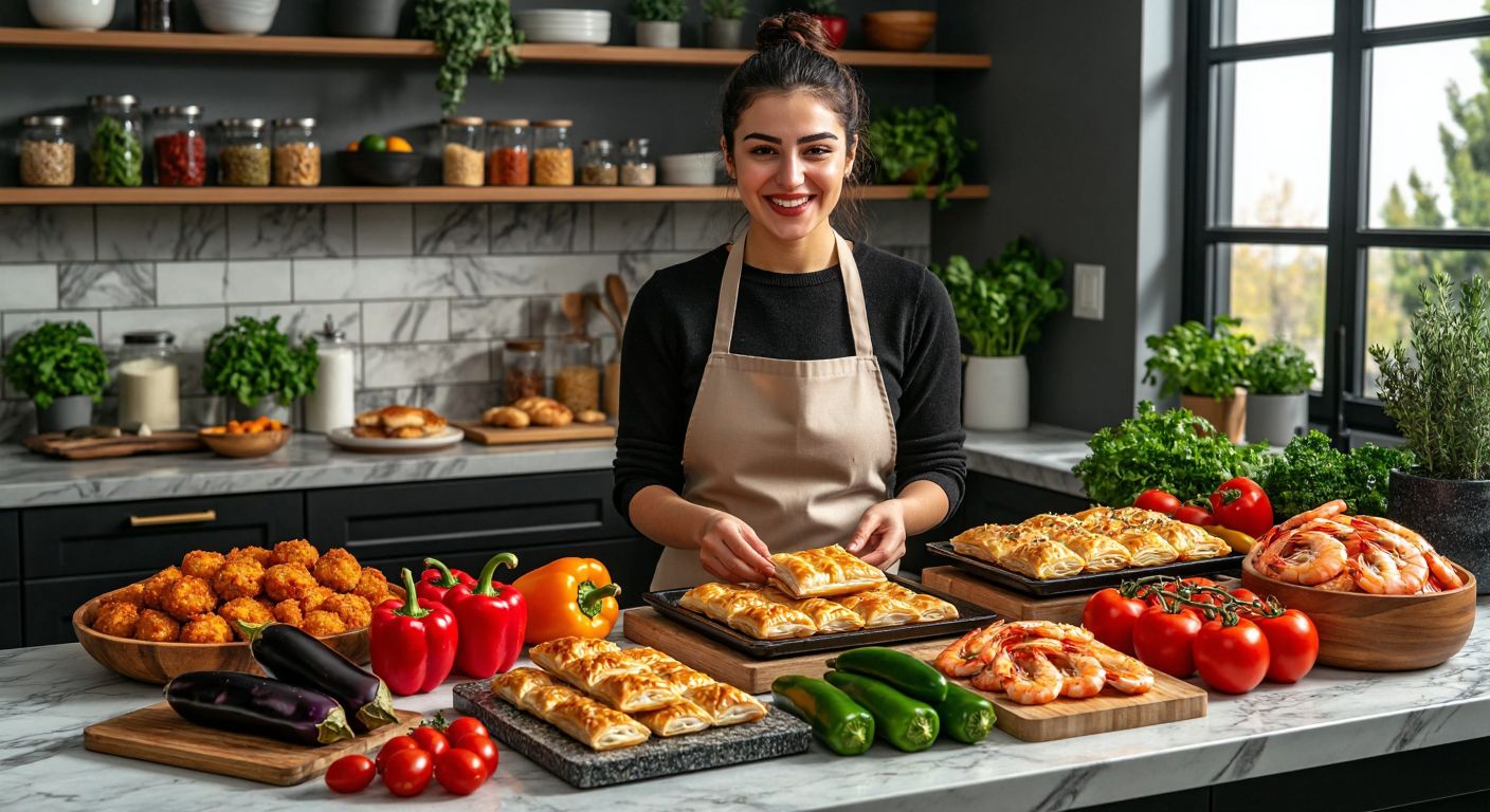 A vibrant Turkish kitchen scene with a smiling woman in an apron arranging a colorful spread of frozen foods—flaky börek, fresh-looking vegetables like peppers and eggplants, succulent shrimp, and golden köfte—on a marble countertop, while a frosty freezer hums in the background.