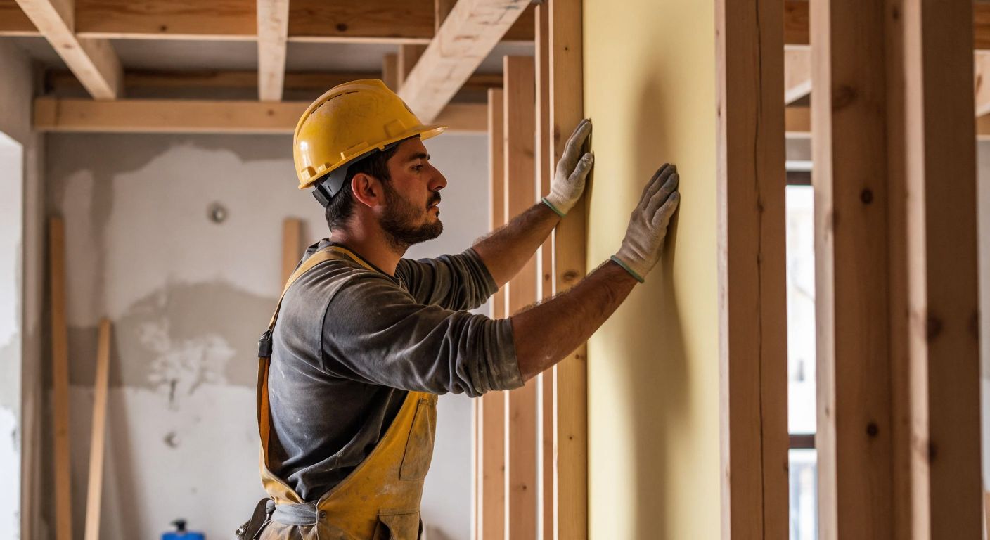 A Turkish construction worker in a hard hat and dusty overalls carefully installs a smooth, pale-yellow plasterboard panel onto a wooden frame in a half-finished room with exposed beams.