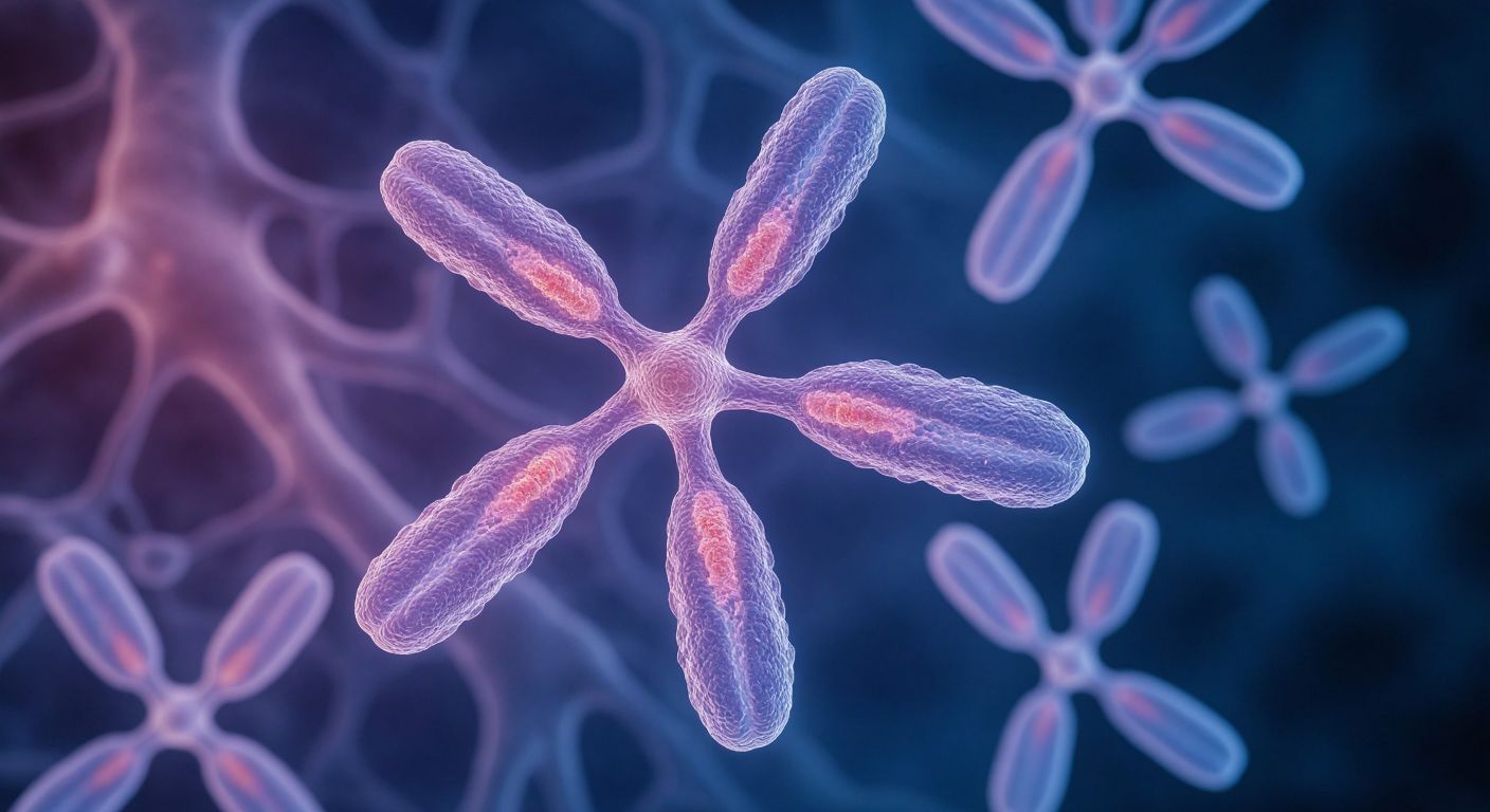 A microscopic view of homologous chromosomes pairing closely during meiosis, forming a vivid tetrad structure with four intertwined chromatids against a soft cellular background.
