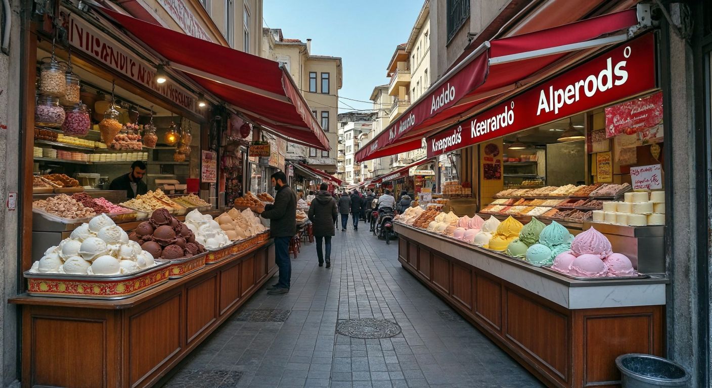 A vibrant Turkish marketplace scene with two distinct ice cream stalls—one showcasing Mado's traditional Maraş-style ice cream in earthy tones, and the other displaying Alpedo's colorful scoops under a red-and-white Kervan-branded awning, as curious customers compare the two.
