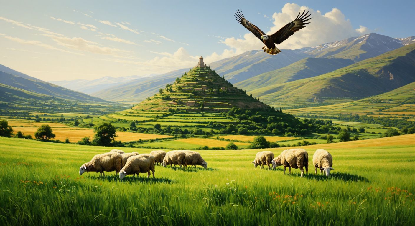 A lush green meadow in Turkey with a pyramid-shaped arrangement of life: sunlit wheat fields at the base (producers), grazing sheep in the middle (herbivores), and a soaring golden eagle at the top (carnivore).