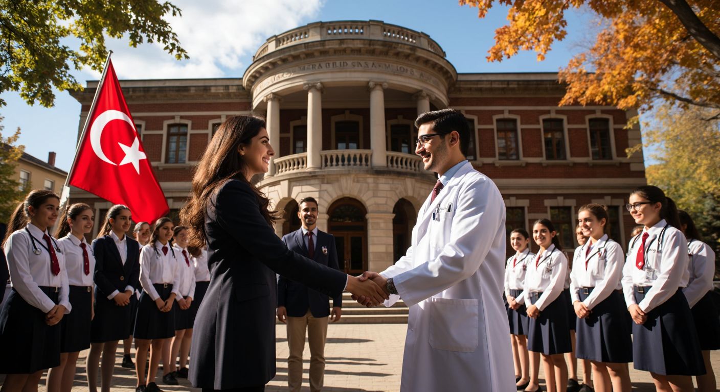 A modern school building in Ankara with a Turkish flag, surrounded by students in uniforms and a confident woman (Sultan Batur) shaking hands with a doctor, contrasted with a historic stone building in France and an old brick medical institution in Philadelphia.