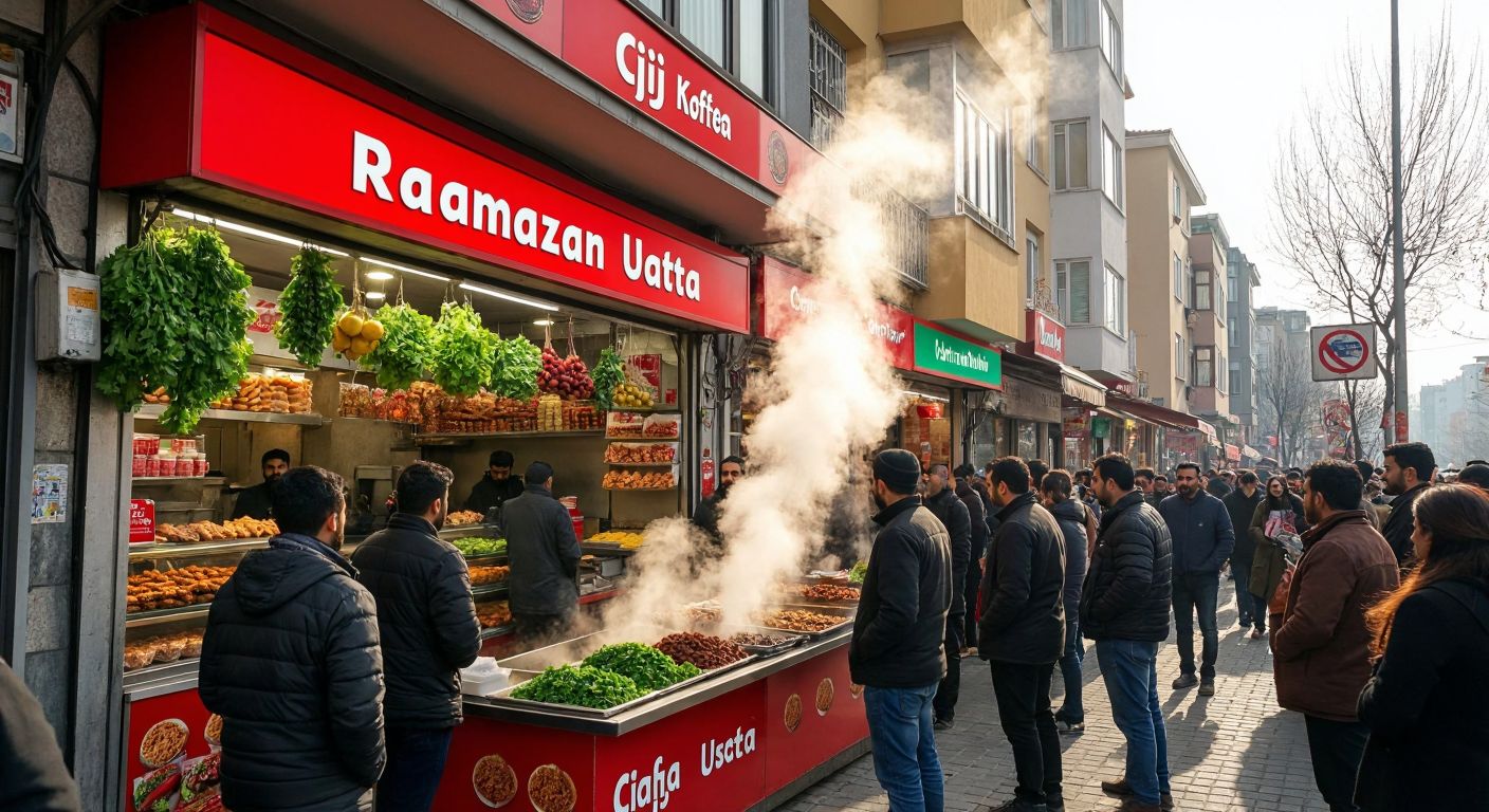 A bustling Istanbul street scene with two vibrant Çiğ Köfte Ramazan Usta shopfronts—one in Bağcılar with a lively crowd outside, and another in Ataşehir with steam rising from freshly prepared çiğ köfte, surrounded by locals chatting happily.