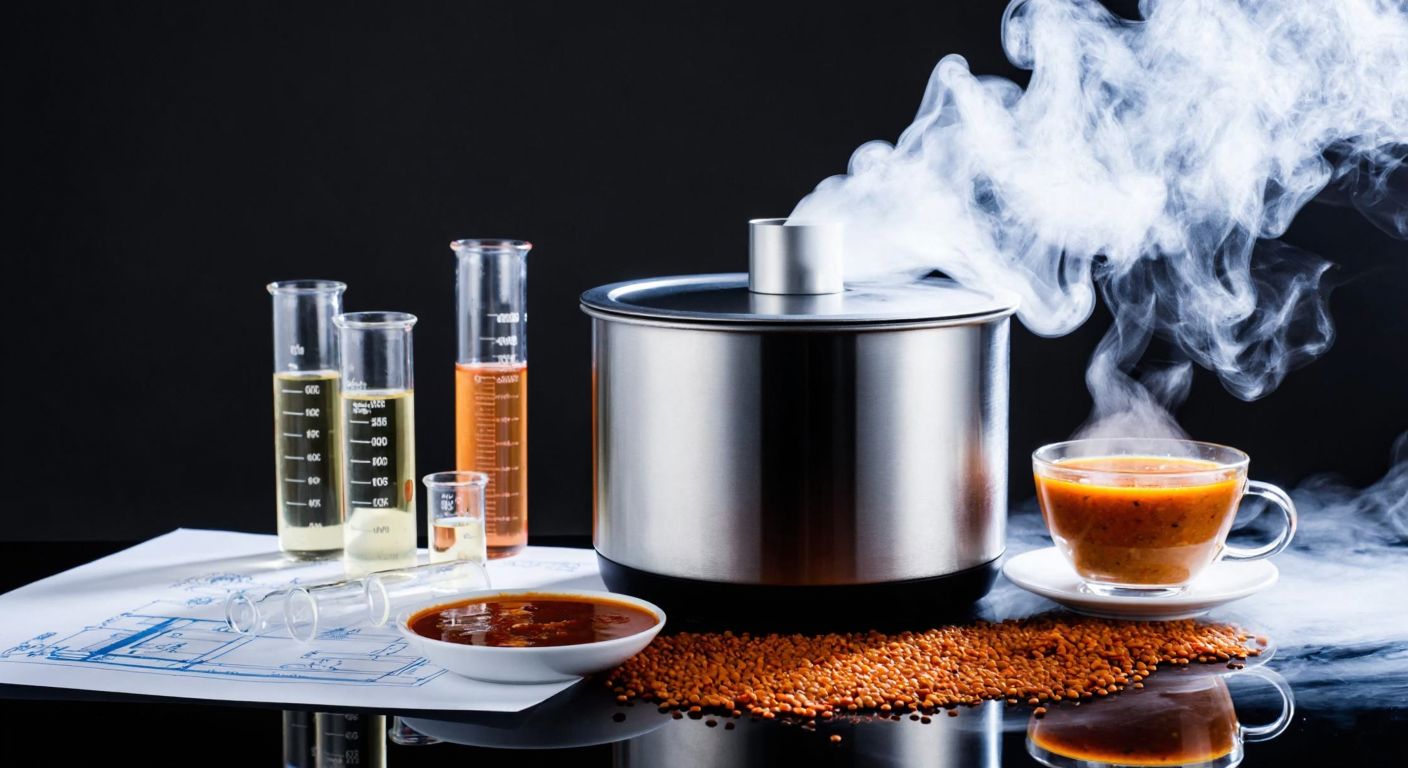 A sleek, metallic calorimeter sits on a lab bench surrounded by bubbling test tubes, a steaming bowl of Turkish lentil soup, and a blueprint of an industrial heating system, symbolizing its diverse uses in science, food, and energy.