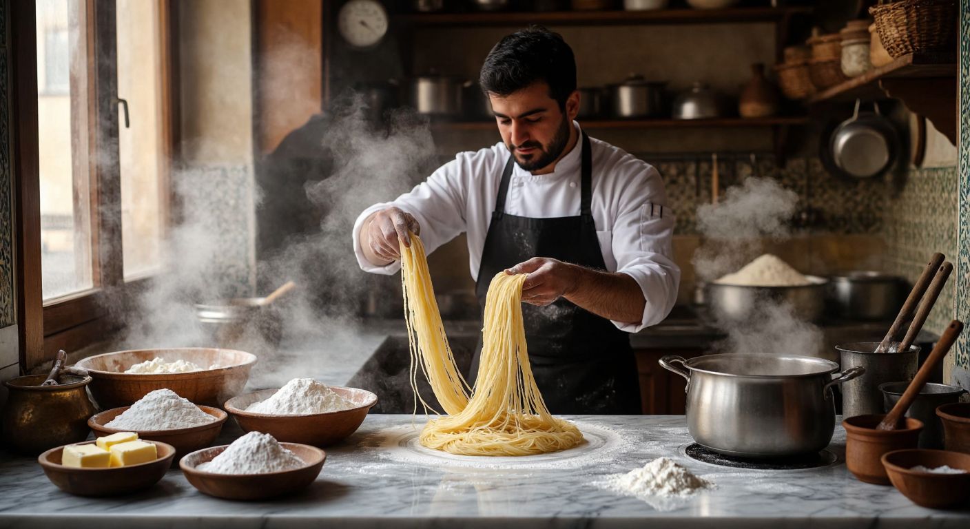 A skilled Turkish cook in a traditional kitchen stretches golden strands of pişmaniye over a marble surface, surrounded by bowls of sugar, butter, and flour, with steam rising from a simmering pot nearby.