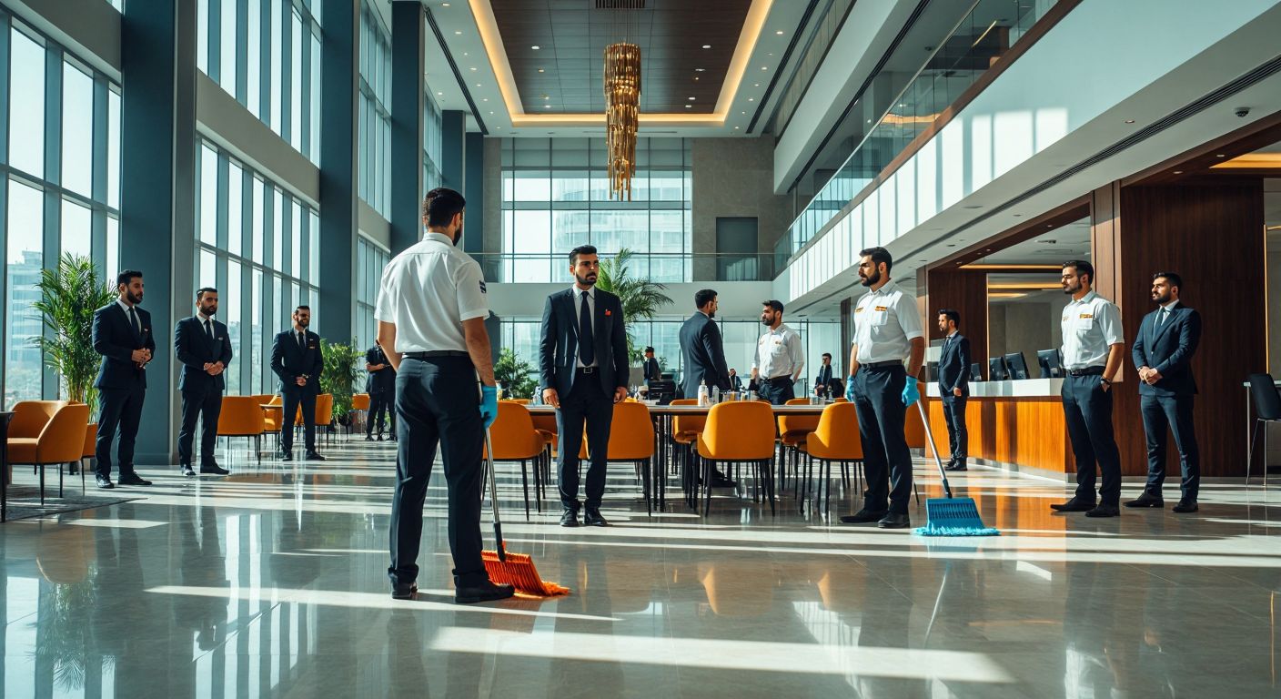 A bustling Turkish office building with uniformed cleaners mopping floors, professional security guards in crisp uniforms standing at attention, and a team of well-dressed HR professionals reviewing resumes at a table.
