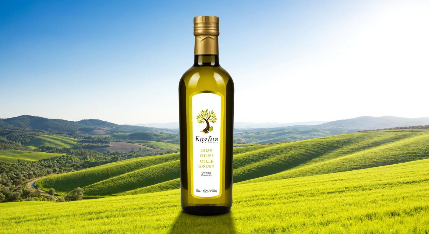 A golden olive oil bottle with a label featuring a sunlit olive grove in Aydın, surrounded by rolling green hills under a bright blue sky.
