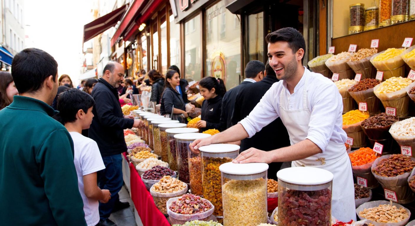 A vibrant Turkish street scene with a cheerful vendor in a white apron scooping colorful dried nuts from large glass jars at a bustling Çitlekçi shop, surrounded by customers of various ages holding paper cones filled with snacks.