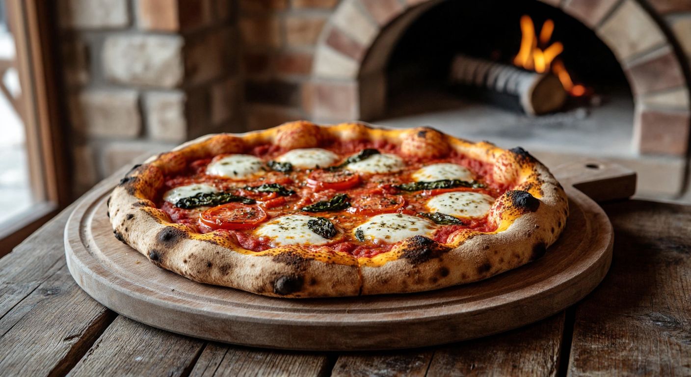 A golden-brown, wood-fired pizza with slightly puffed edges, topped with evenly spread fresh ingredients like tomato sauce and creamy mozzarella, sits on a rustic wooden table near a traditional stone oven in a cozy Turkish pizzeria.