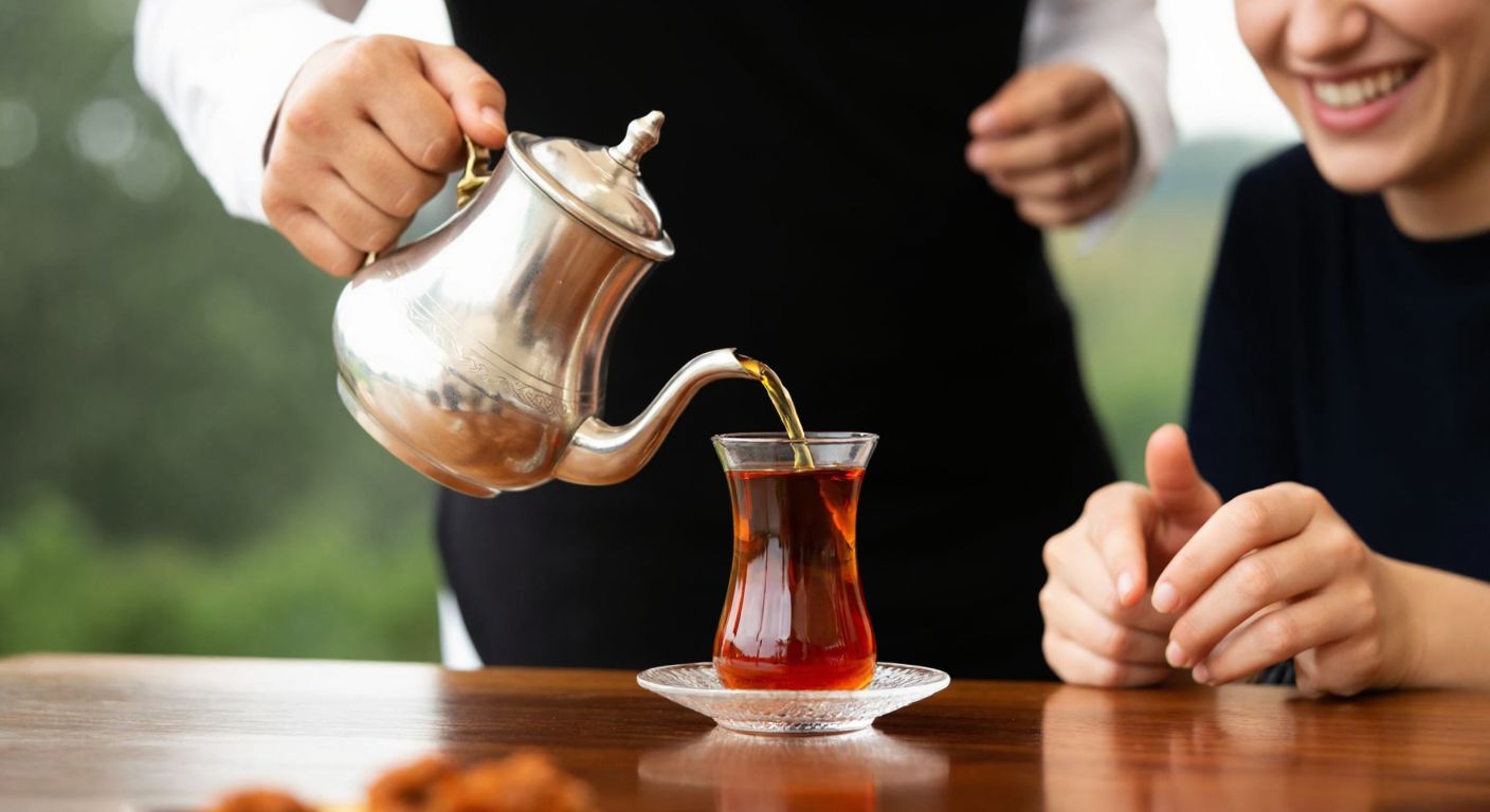 A person gently pouring tea from a traditional Turkish teapot into a small tulip-shaped glass, with another person smiling and gesturing for them to slow down.