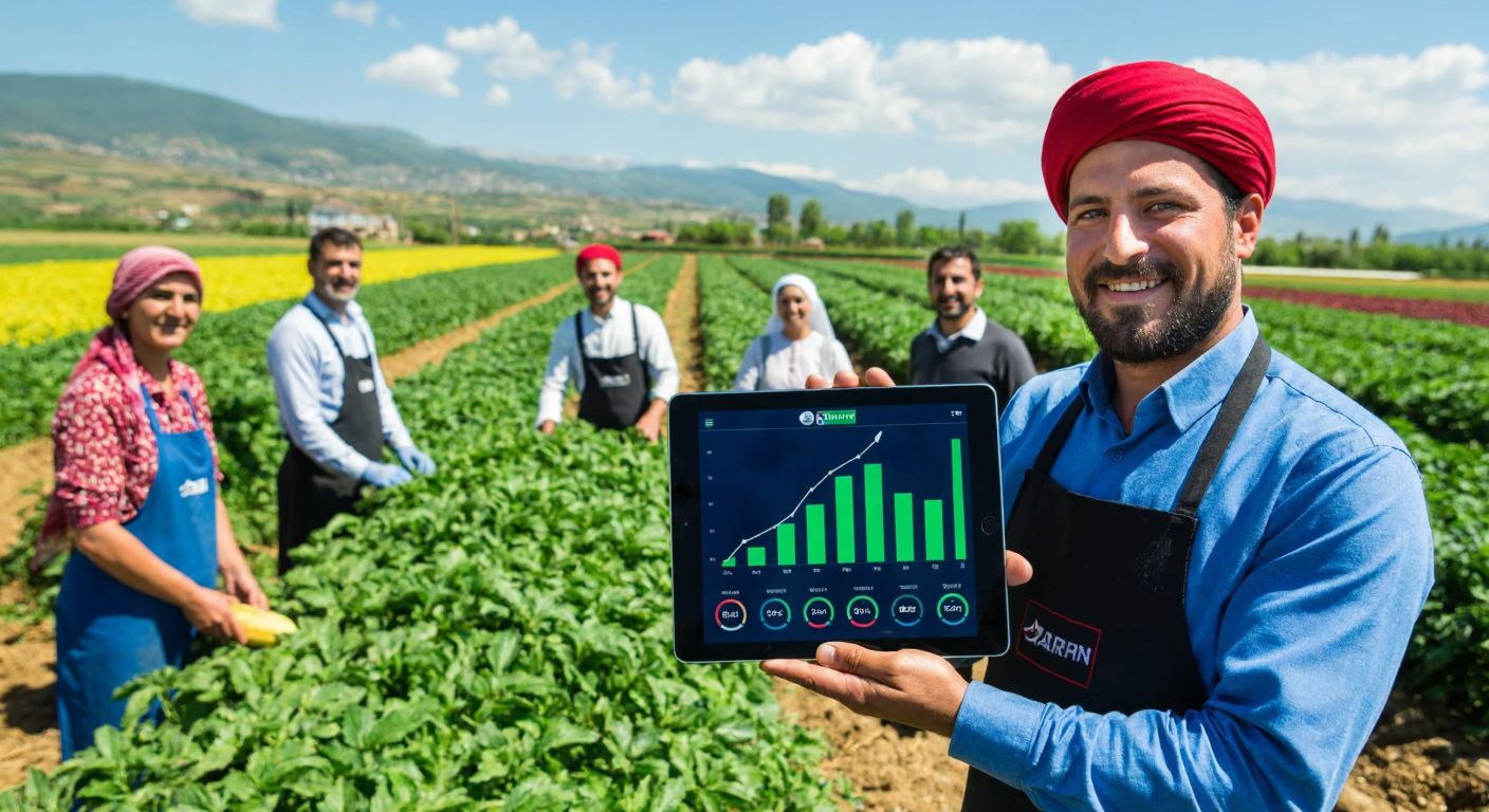 A vibrant Turkish agricultural field with a digital tablet displaying a growing graph, surrounded by fresh produce and smiling farmers in traditional attire, symbolizing Tarfin's successful investment growth in the farming sector.