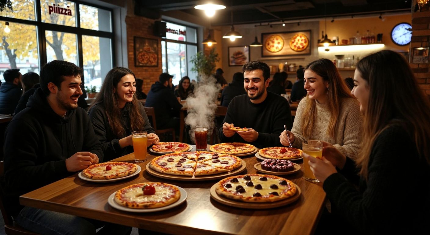 A bustling pizzeria in Ankara with a warm, inviting atmosphere, where a group of smiling people share unlimited slices of golden, cheesy pizza and colorful desserts on a wooden table, surrounded by steaming drinks.