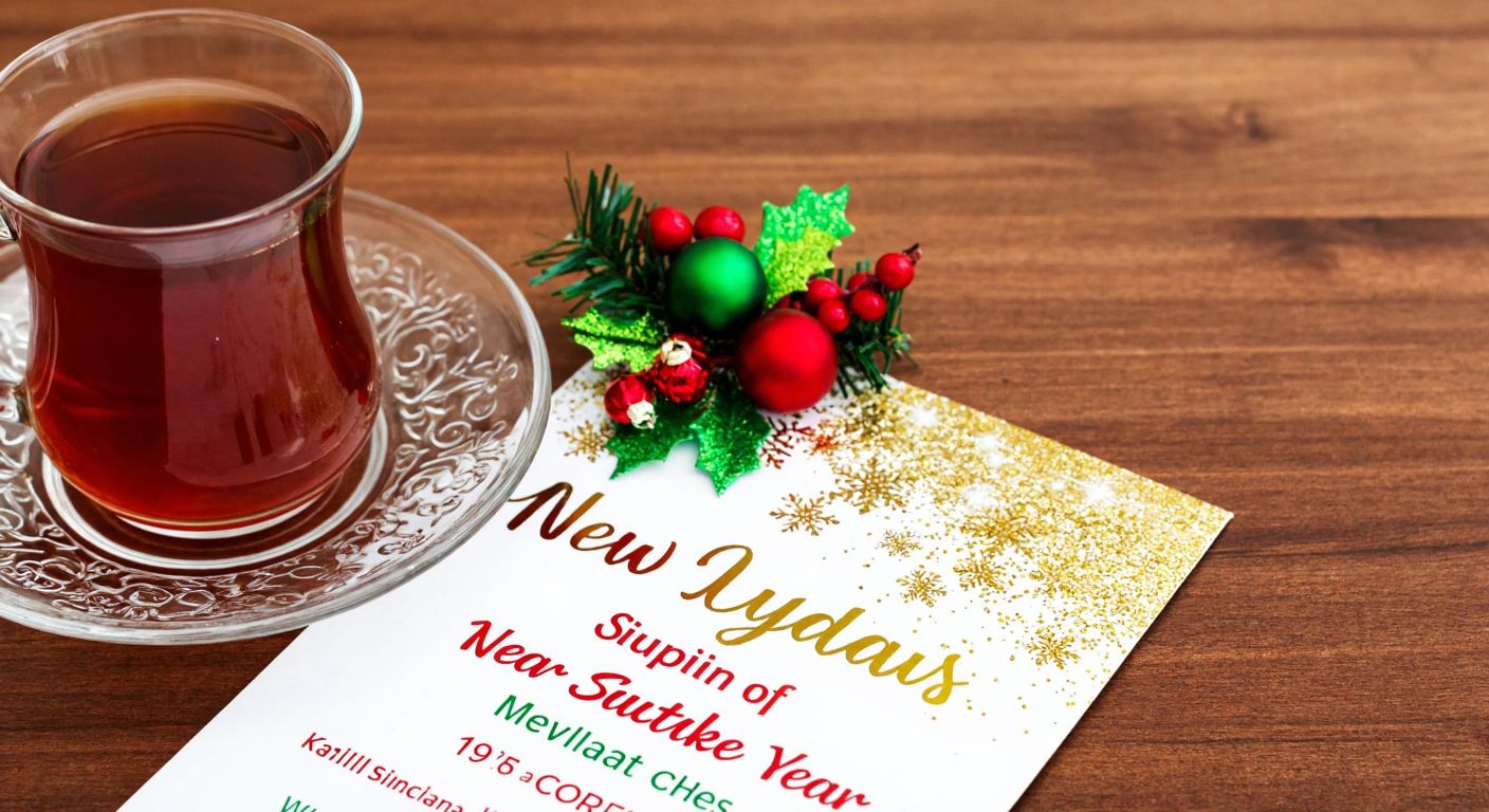 A festive New Year's invitation card adorned with glittering gold accents, red and green ornaments, and a sprig of holly, resting on a wooden table beside a steaming cup of Turkish tea.