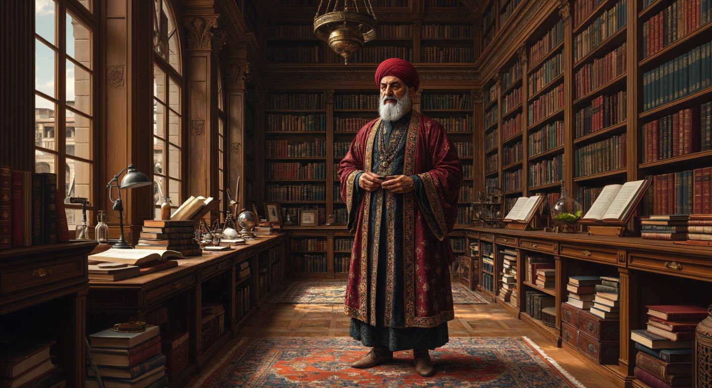 A wise elderly Turkish scholar in traditional Ottoman attire stands in a grand library, surrounded by stacks of books, scientific instruments, and artistic sketches, embodying the spirit of a polymath.