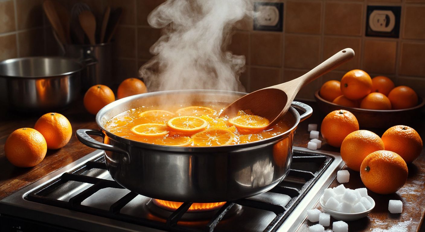 A Turkish kitchen with a bubbling pot of orange peel jam on a stove, steam rising as a wooden spoon stirs thick slices of orange peel in golden syrup, surrounded by scattered whole oranges and sugar cubes.