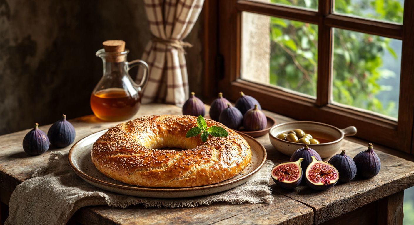 A rustic wooden table in a cozy Turkish kitchen holds a golden-brown Konya Gevreği (rye crispbread) on a ceramic plate, surrounded by fresh figs, olives, and a small bowl of honey, with warm sunlight streaming through a window onto a checkered cloth.