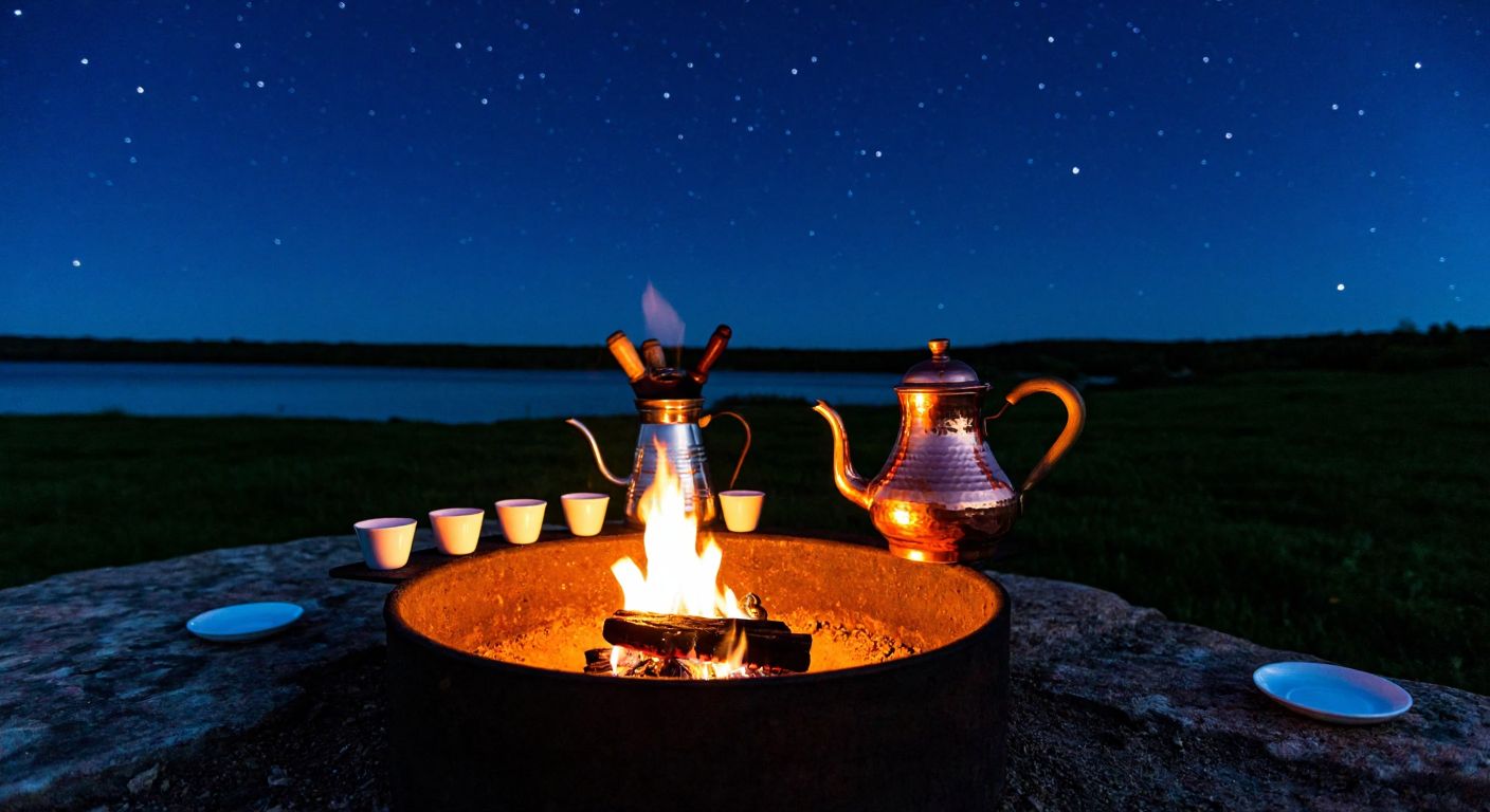 A glowing ember fire pit with a traditional Turkish copper teapot brewing tea, surrounded by small cups and a serene outdoor setting under a starry night.