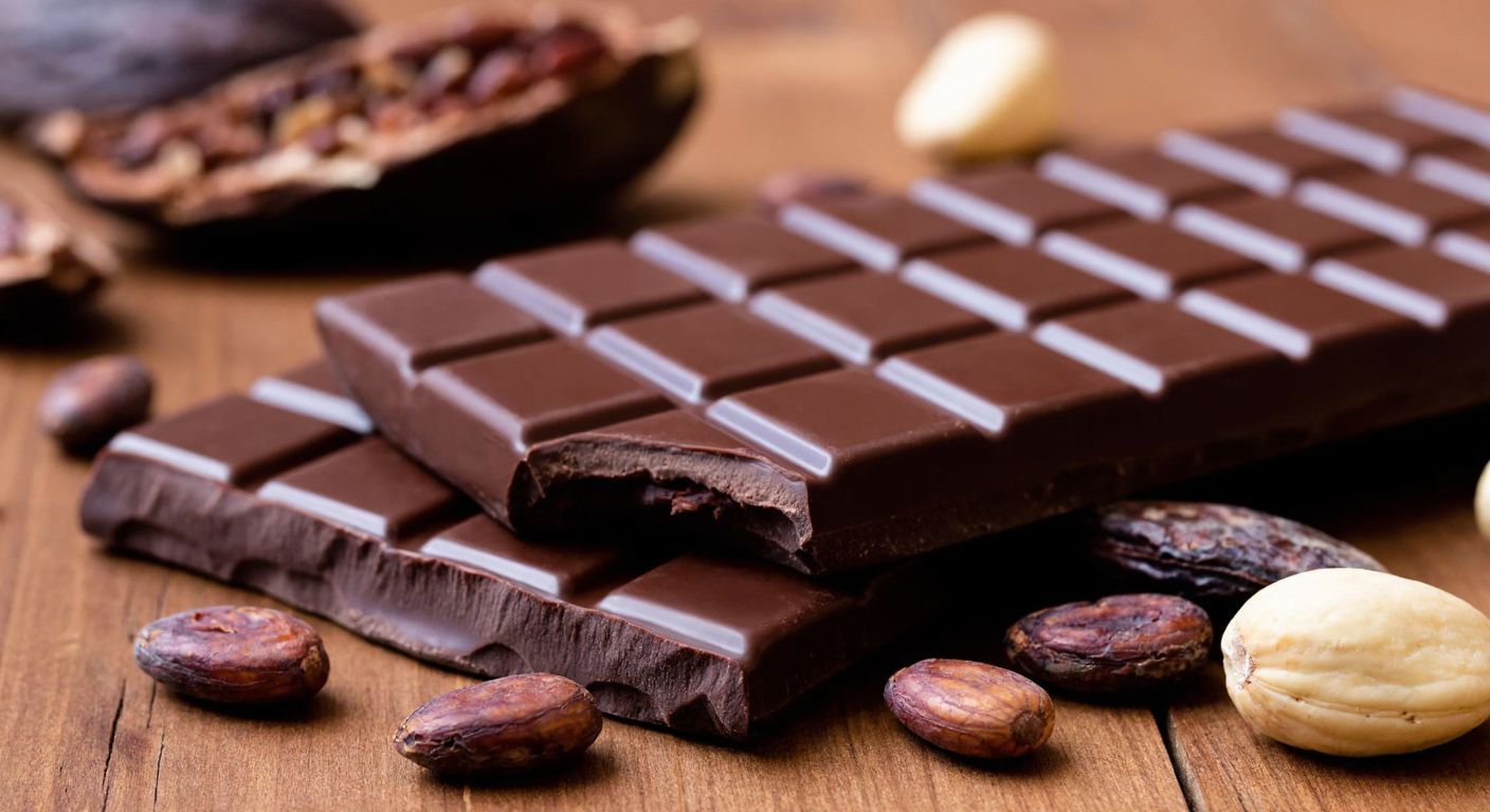 A close-up of a rich, dark chocolate bar melting on a wooden table, with cocoa beans and fiber-rich ingredients like nuts and dried figs scattered around, evoking warmth and digestive health.