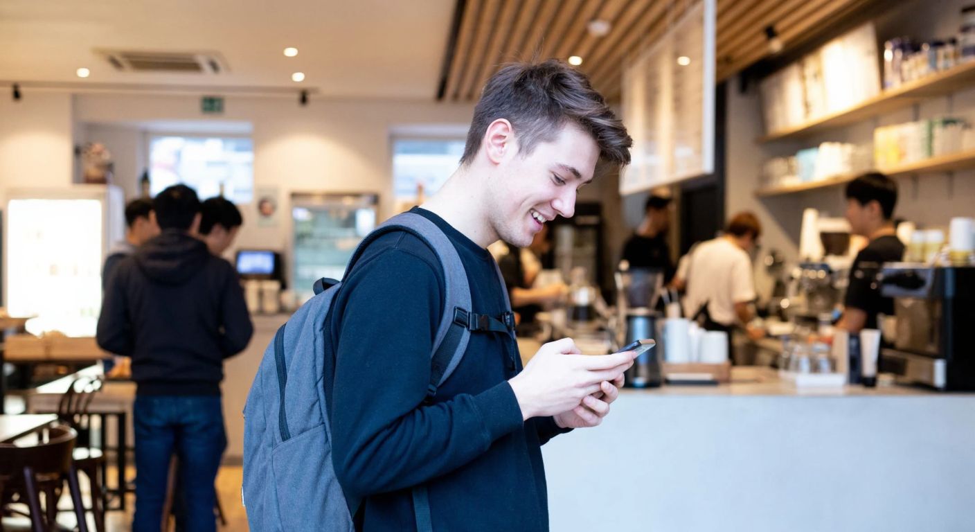 A young foreign student in Seoul, wearing a backpack, stands in front of a bustling café while browsing job listings on their phone, with a friendly Korean barista smiling behind the counter.