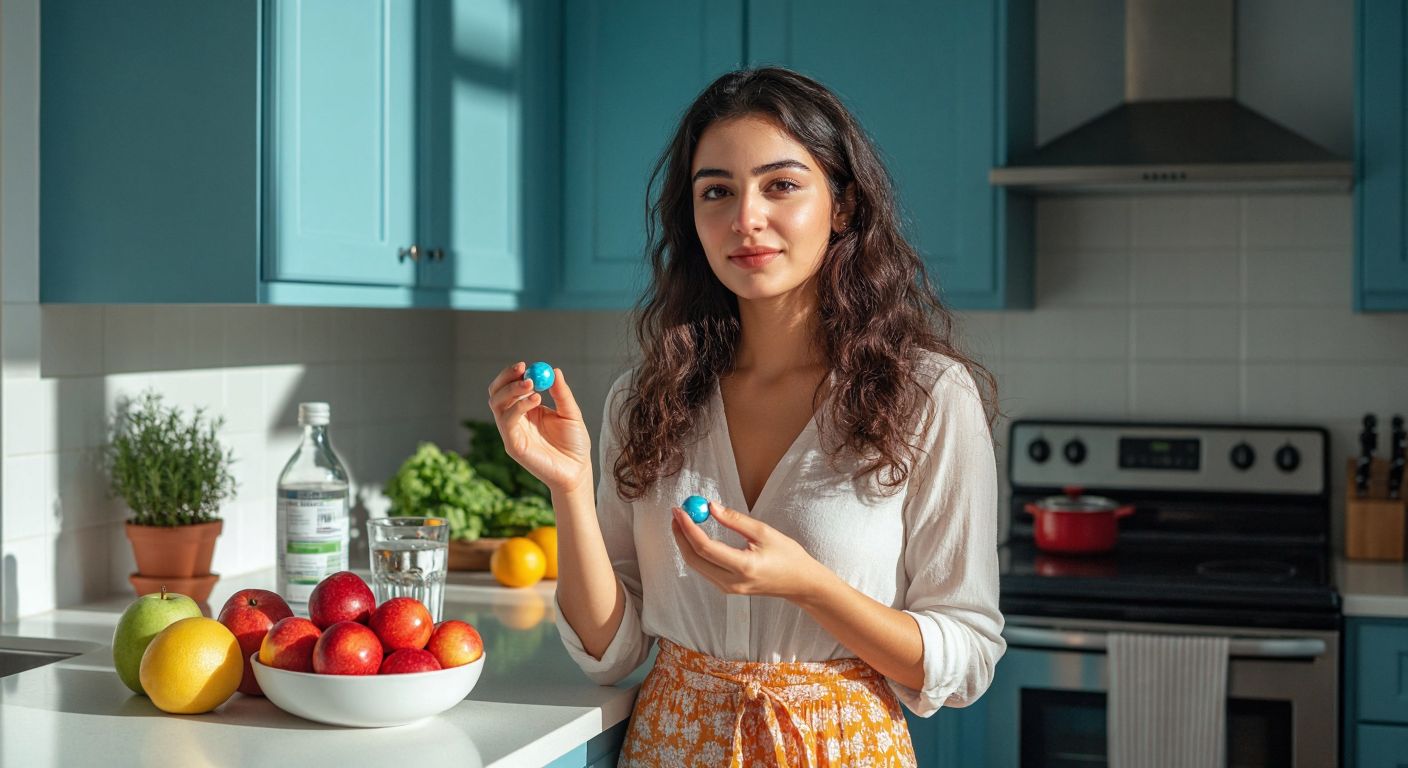 A Turkish woman in a bright kitchen hesitantly holds a single Mentos candy while a small nutrition label floats nearby, with a glass of water and a bowl of fresh fruit on the counter.