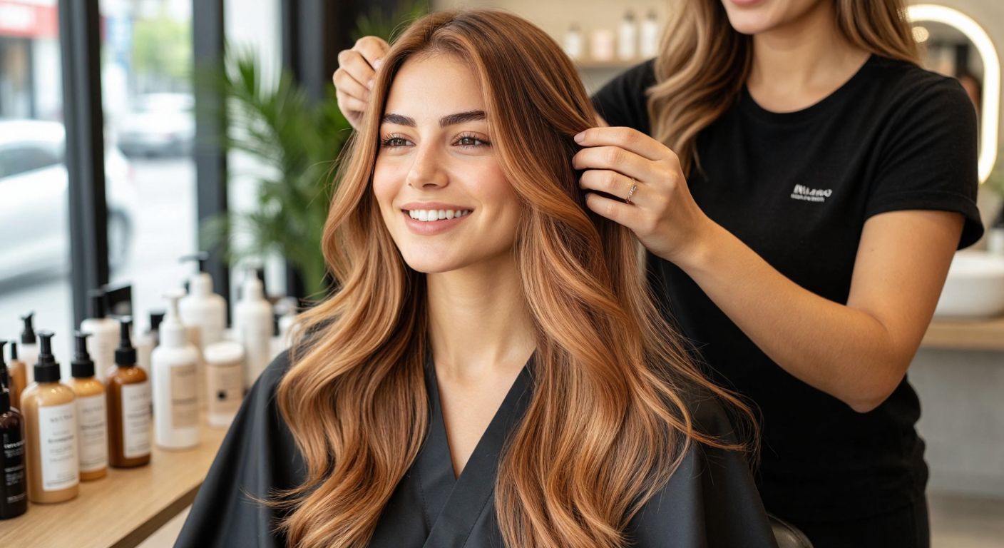 A Turkish woman with warm, sun-kissed desert-sand-colored hair sits in a salon, smiling as a stylist gently applies golden-copper highlights to her long locks, surrounded by bottles of hair dye and natural-toned accessories.