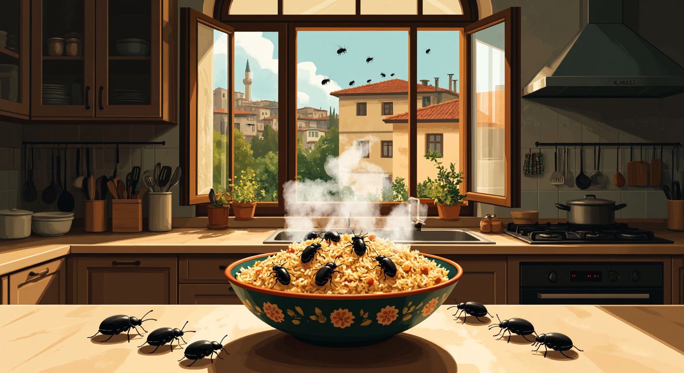 A cartoonish Turkish kitchen scene with a bowl of uncovered pilaf swarmed by tiny black bugs, steam rising from the food in a humid room with open windows.