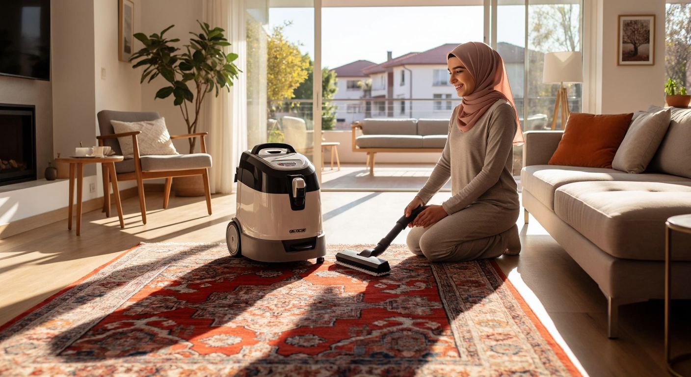A modern carpet cleaning machine sits on a vibrant Turkish rug in a sunlit living room, surrounded by neatly arranged furniture and a smiling woman in a headscarf admiring its sleek design.