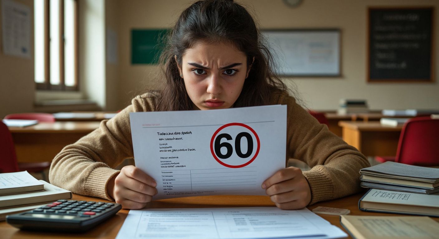 A determined Turkish university student in a classroom, nervously gripping a graded exam paper with a visible "60" circled in red, surrounded by scattered textbooks and a calculator.  

*(Note: The "60" is implied through visual context like a circled mark, not written text, adhering to the guidelines.)*