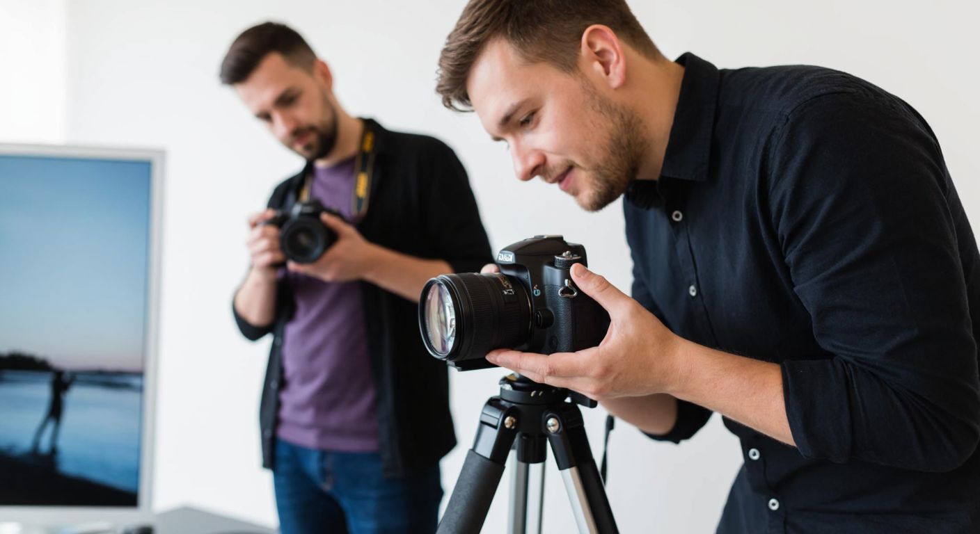 A professional photographer in a studio carefully cleaning a camera sensor with a soft brush while an amateur photographer outdoors notices dust spots on their photos.