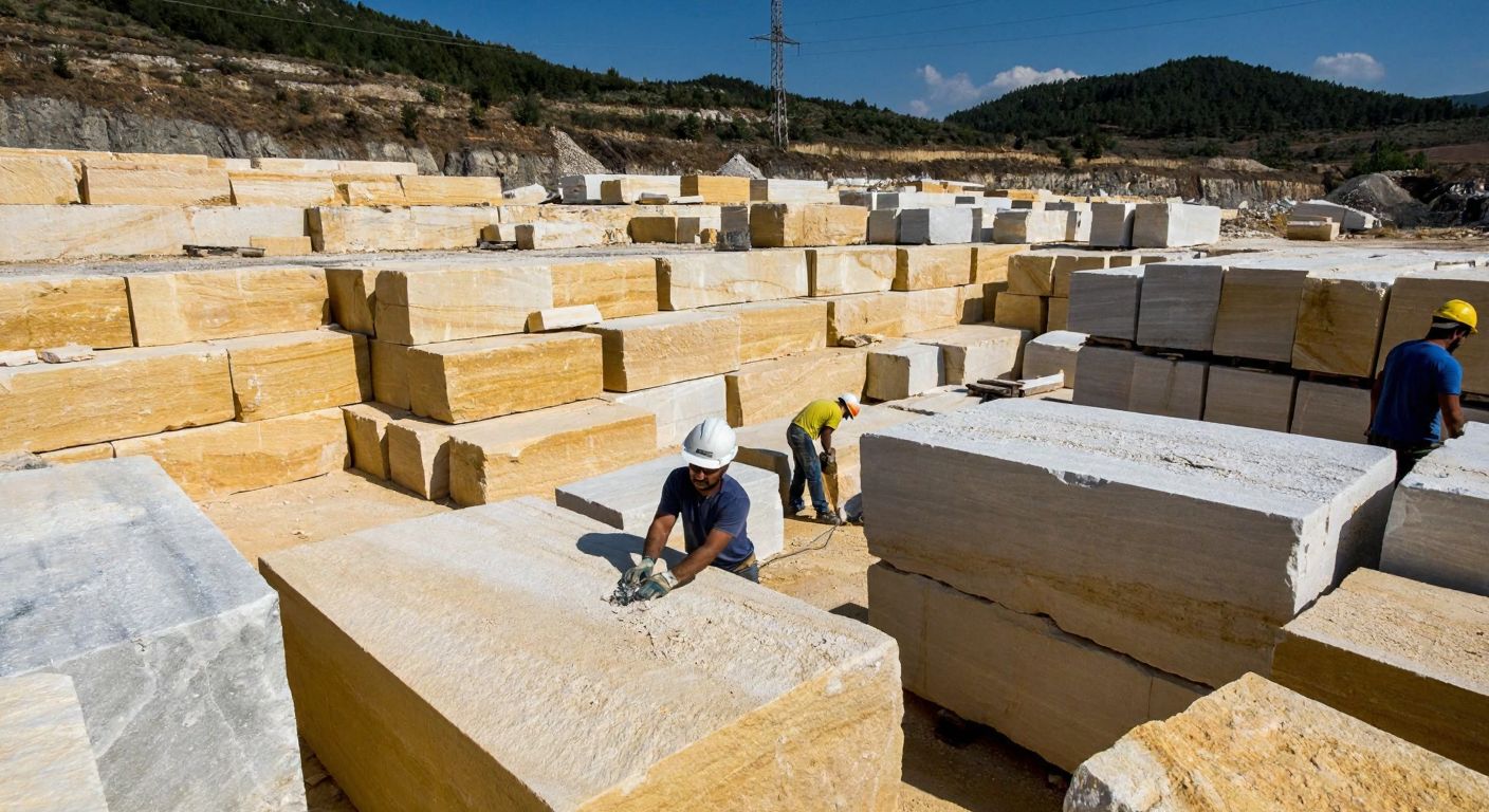 A vast marble quarry in Manisa’s Kula district, with workers in hard hats carefully extracting golden-hued travertine blocks under the bright Turkish sun, while stacks of polished stone slabs await shipment nearby.