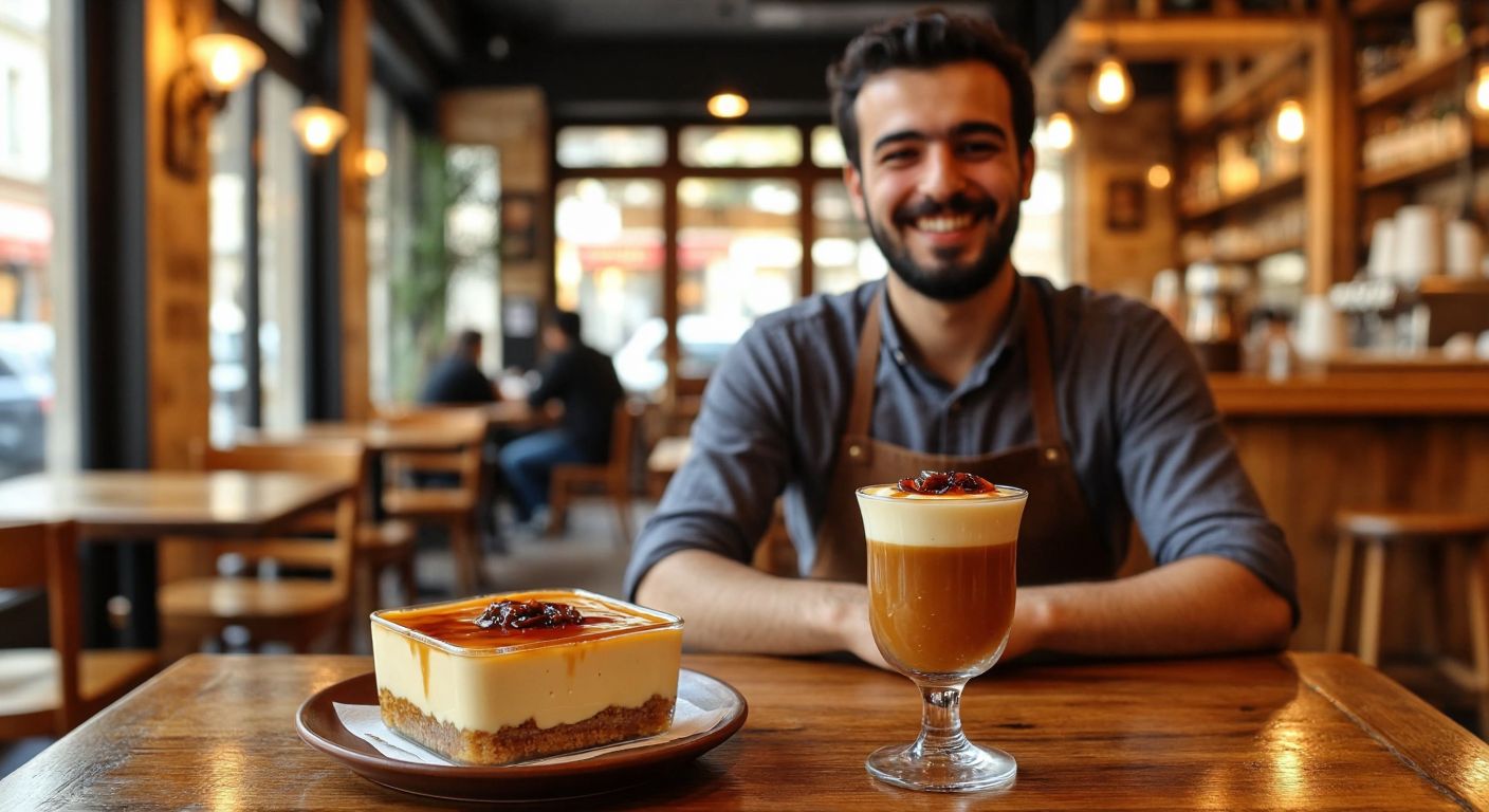 A cozy Turkish café with warm wooden tables, a glass of creamy trileçe dessert topped with caramel, and a smiling waiter shaking their head politely to indicate no alcohol is served.