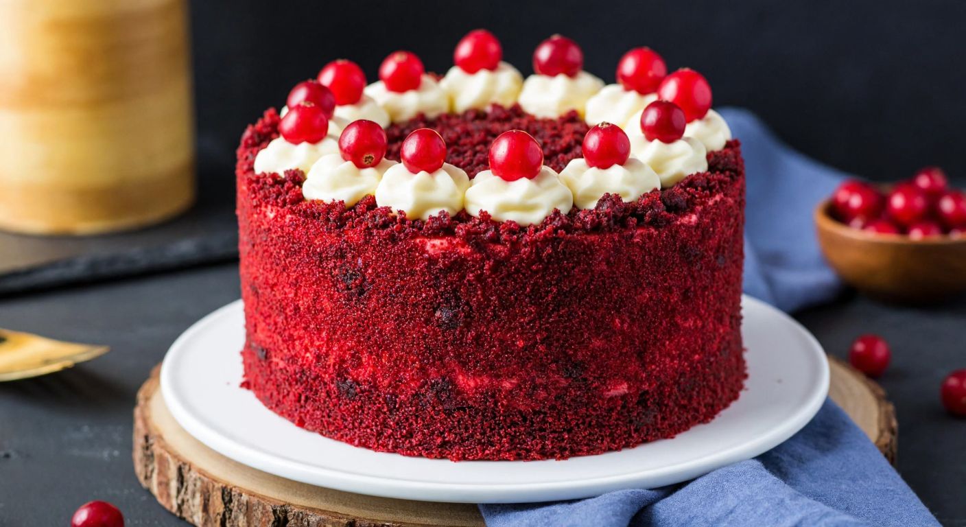 A vibrant red velvet cake with a velvety texture, topped with creamy white frosting and garnished with fresh red berries, placed on a rustic wooden table in a cozy Turkish patisserie.