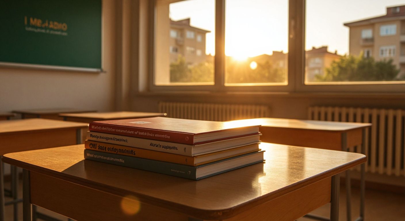 A stack of two distinct Turkish middle school math textbooks—one with the MEB logo and another from Doğa Yayınları—resting on a wooden classroom desk, with a warm Ankara sunset casting light through the window.
