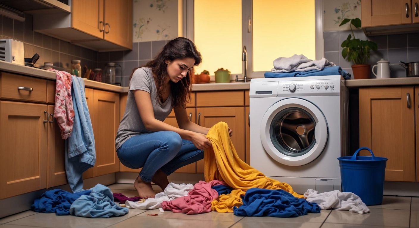 A frustrated Turkish woman in a bright kitchen kneels beside a white washing machine, checking its hoses and filter while colorful laundry spills out onto the tiled floor.