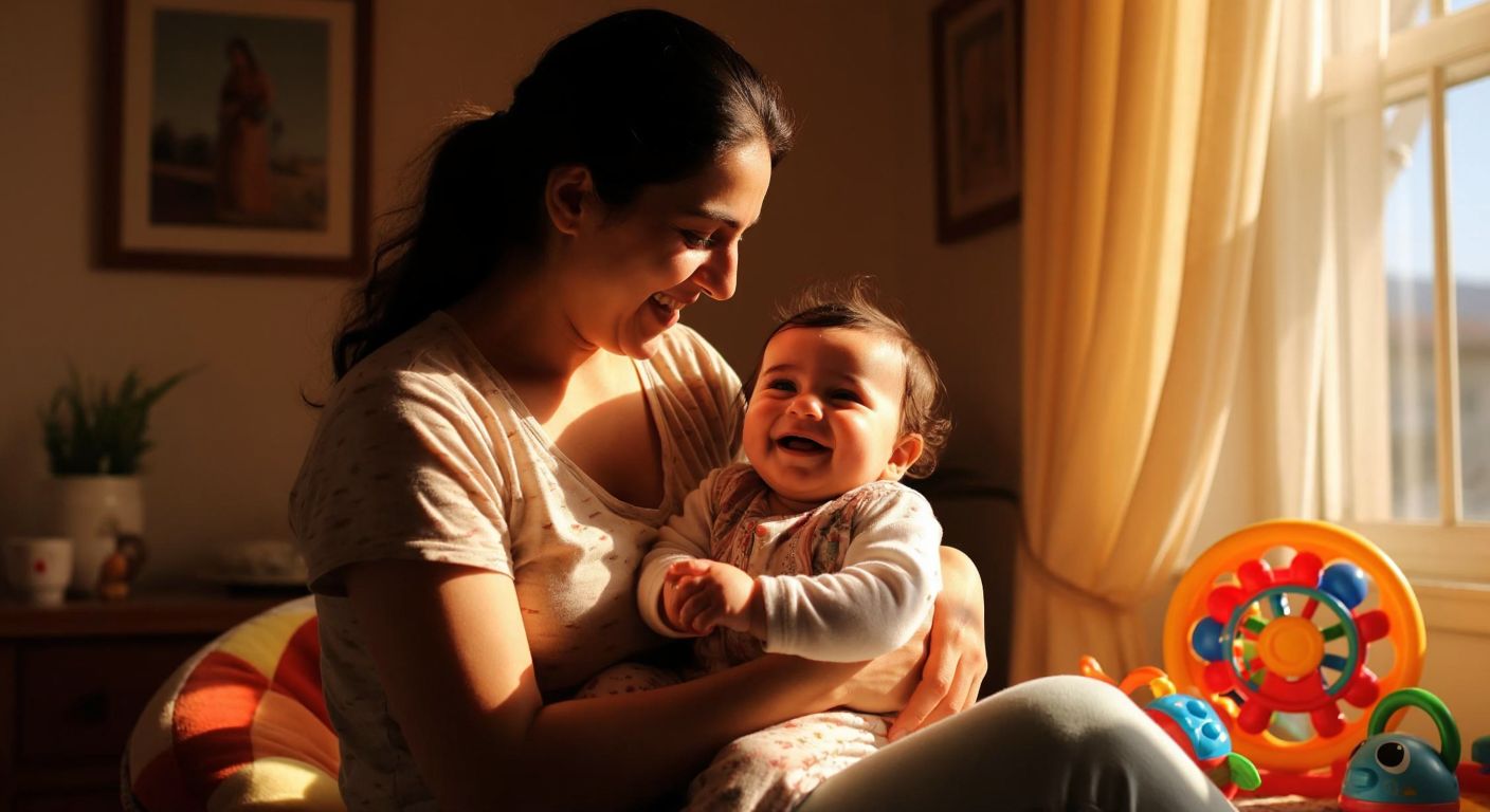 A Turkish mother gently cradles her smiling baby in a sunlit room with a colorful toy nearby, symbolizing the early stages of moral development.