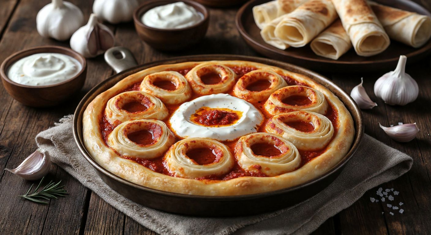 A warm, golden-brown tray of freshly baked *yoğurtlu siron* sits on a rustic wooden table, topped with creamy garlic yogurt and drizzled with a rich red pepper sauce, surrounded by scattered ingredients like rolled yufka, a bowl of yogurt, and cloves of garlic.