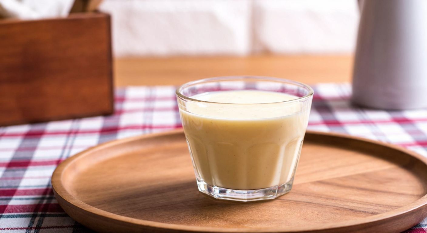 A clear glass pudding cup filled with creamy vanilla pudding, placed on a wooden table in a cozy Turkish kitchen with a traditional checkered tablecloth.