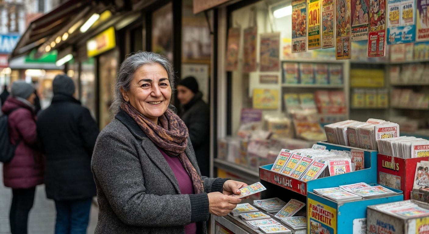 A warm, middle-aged Turkish woman with a friendly smile stands behind a small lottery ticket kiosk in Eskişehir, surrounded by colorful scratch cards and hopeful customers.