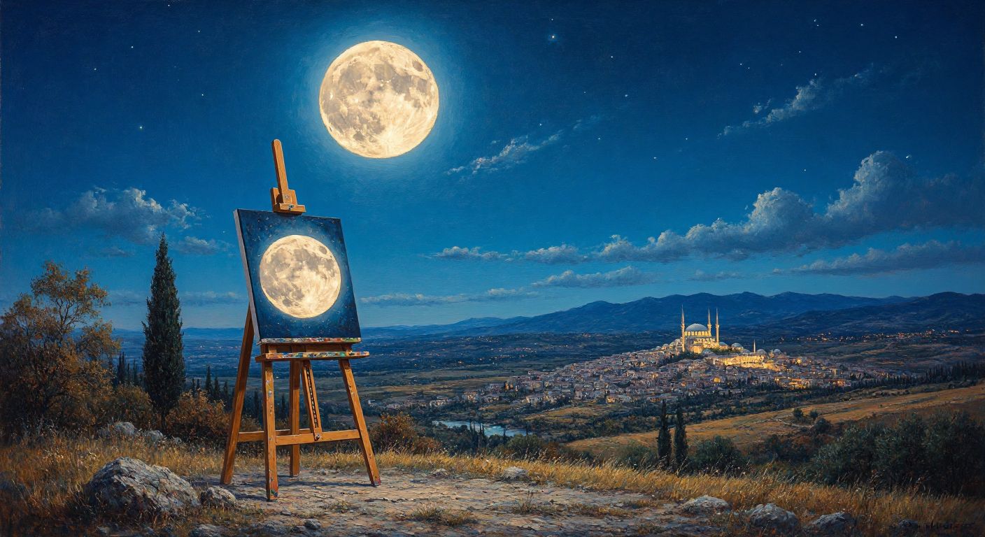 A serene night sky over a Turkish landscape with a bright full moon illuminating a traditional wooden easel holding an unfinished painting of the moon.