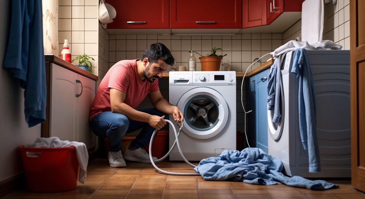A frustrated Turkish homeowner in a bright, tiled laundry room kneels beside a Bosch washing machine, carefully inspecting a tangled water hose while a small pile of laundry waits nearby.