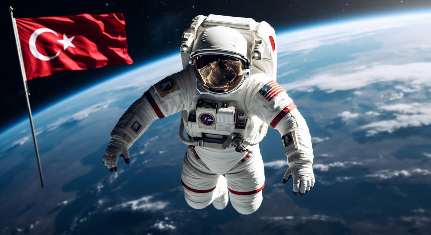 A proud Turkish astronaut in a sleek white space suit floats weightlessly against the backdrop of Earth, with the Turkish flag prominently displayed on his shoulder.