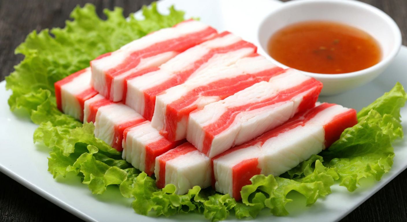A plate of pinkish-white crab surimi slices arranged neatly on a bed of fresh lettuce, with a small bowl of tangy dipping sauce beside it, evoking the fresh, seafood-like aroma of the dish.