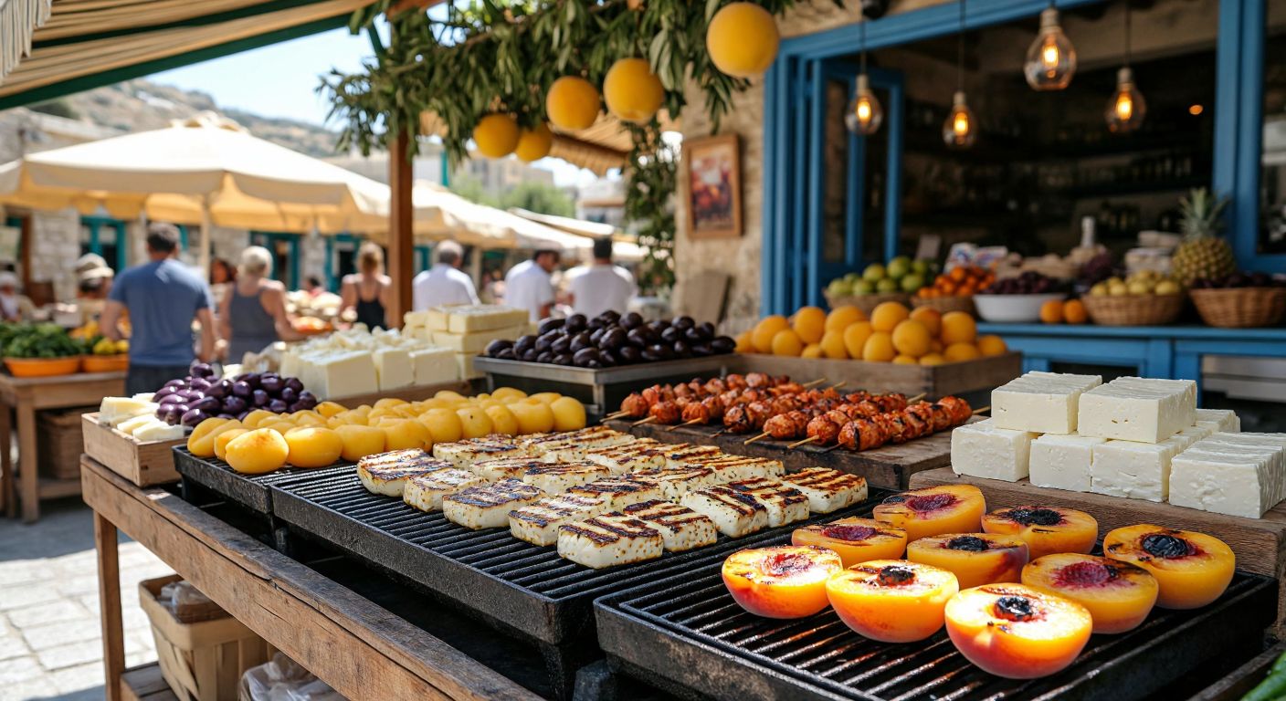A vibrant market stall in Cyprus displays fresh halloumi cheese, a sizzling peach kebab on a grill, Cadbury chocolates, and olive oil-based cosmetics, with a lively taverna in the background.