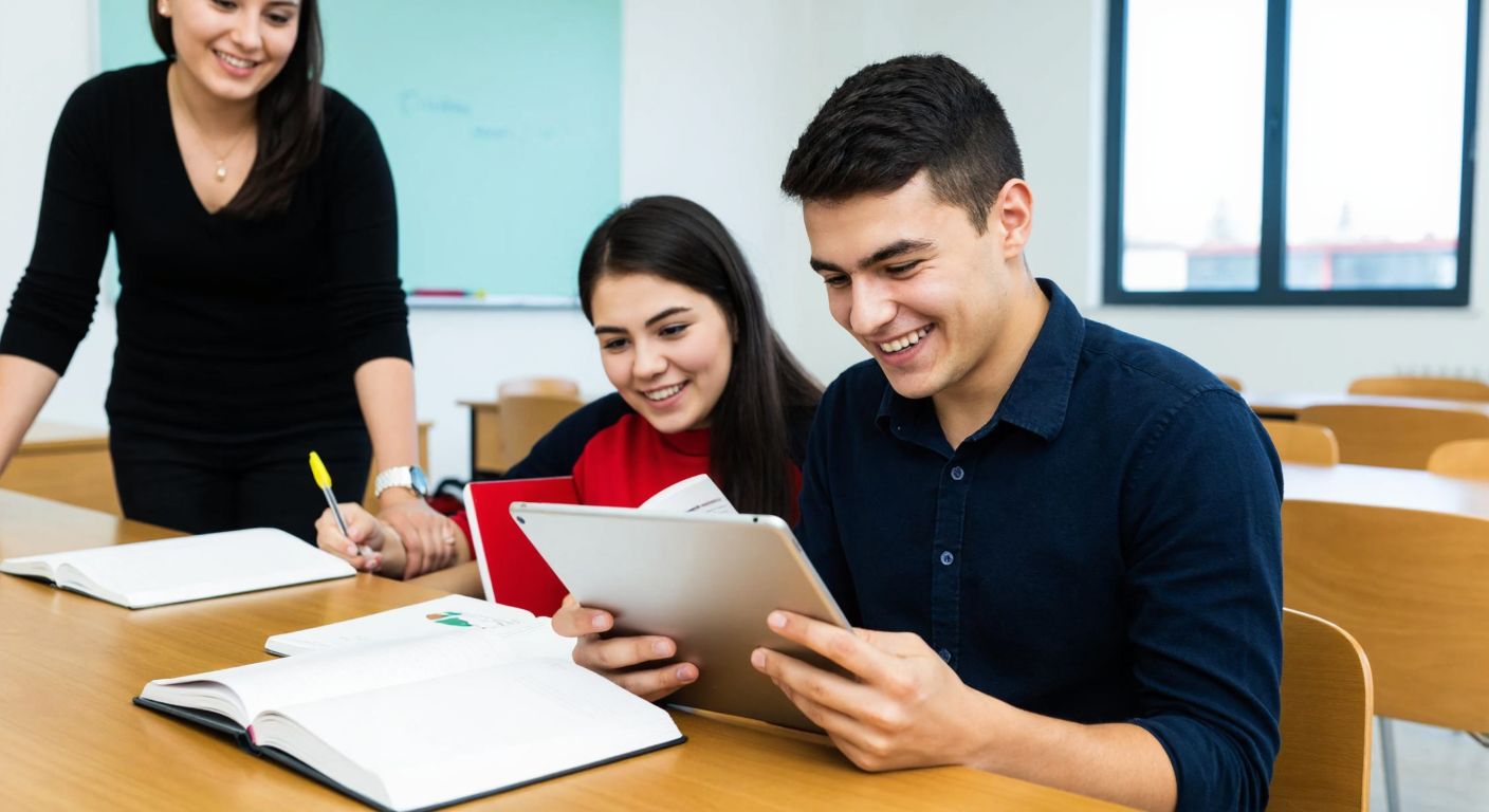 A cheerful young student in a modern Turkish classroom smiles while browsing a tablet, surrounded by open notebooks and a mentor guiding them, symbolizing both free and premium educational support.