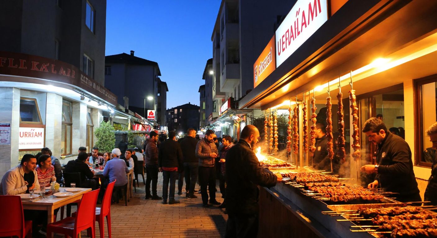 A bustling street in Ankara's Sincan district, with a warmly lit **Urfalım Kebap** restaurant serving sizzling kebabs on skewers, surrounded by locals chatting and enjoying the aromatic dishes.