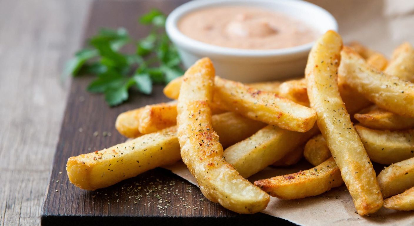 A close-up of golden crispy finger-shaped potato chips sprinkled with spices, resting on a rustic wooden table with a small bowl of dipping sauce and fresh herbs nearby.