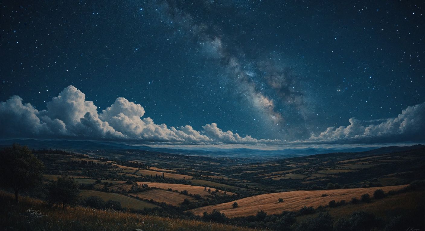 A serene night sky over a Turkish countryside, dotted with countless twinkling stars but no moon, while thin clouds drift lazily, partially obscuring the darkness.